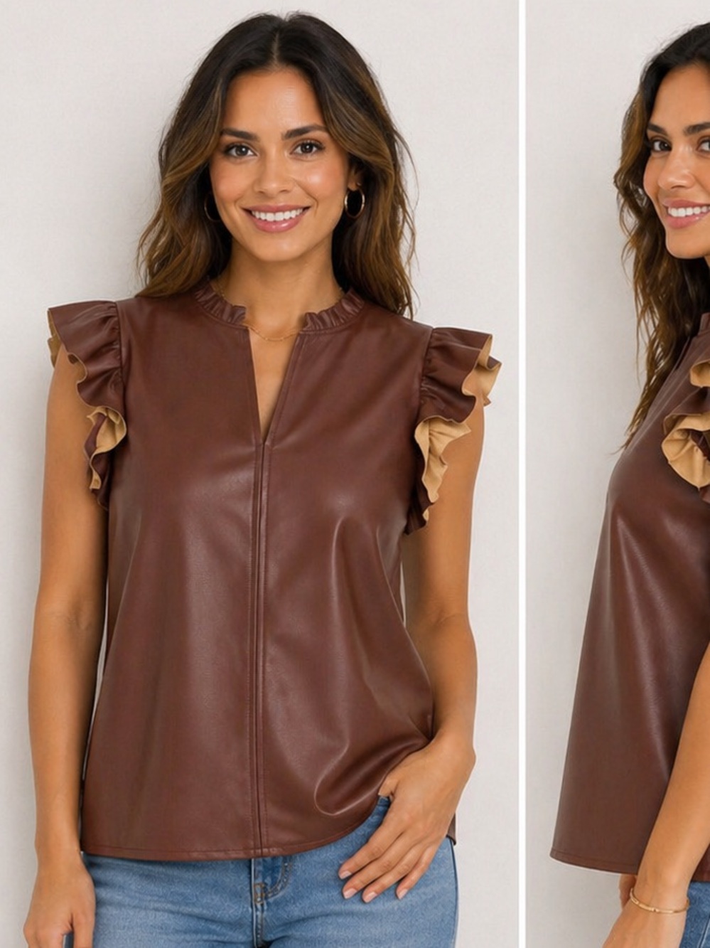 WILA STORY Vegan Leather Ruffle Cap Sleeve Blouse Brown XS
